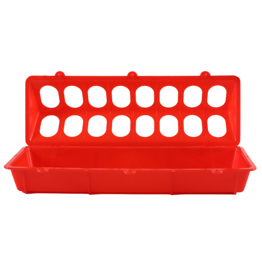 The My Pet Chicken Farmight 12 flip top feeder, shown open with space for twelve eggs, features a hinged lid and plastic design similar to a classic chicken feeder—ideal for secure egg storage or transport.