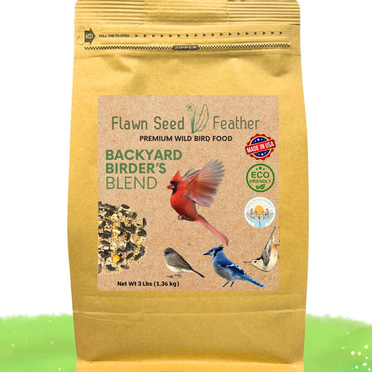 Three-pound pouch of Flawn Seed Kits Backyard Birder's Wild Bird Seed Blend with mixed seeds for attracting wild birds.