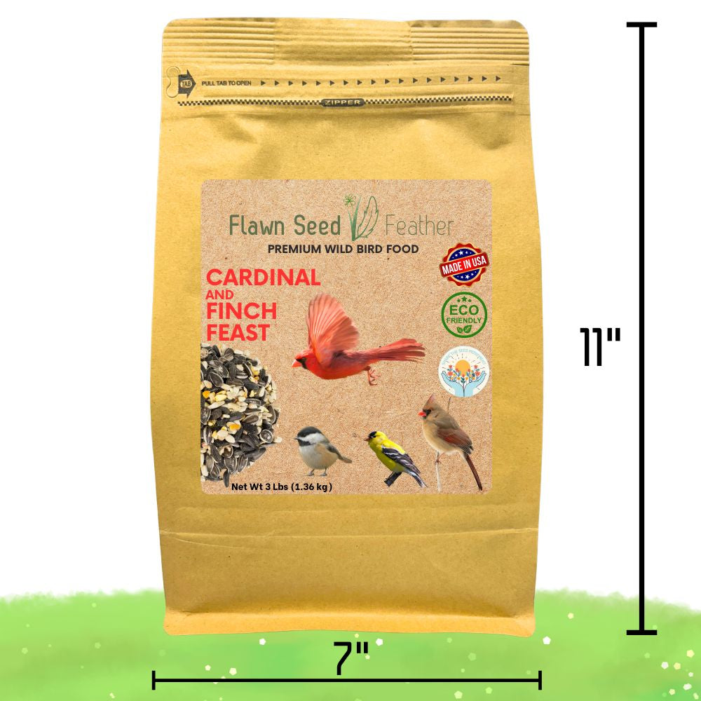 Three-pound pouch of Flawn Seed Kits Cardinal & Finch Feast Wild Bird Seed Blend in a resealable bag.