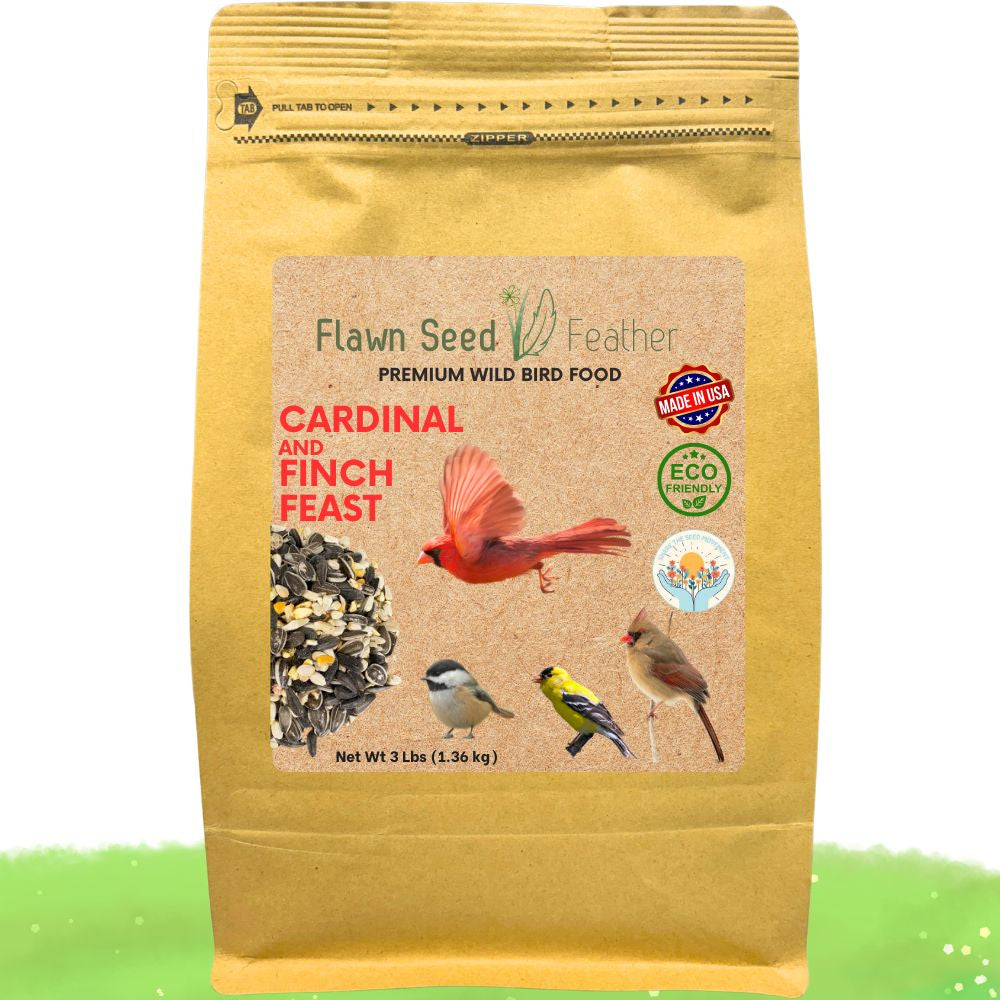 Three-pound pouch of Cardinal & Finch Feast Wild Bird Seed Blend by Flawn Seed Kits, showing a colorful seed mix in a resealable bag.