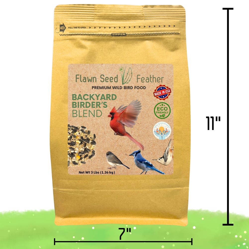 Three-pound pouch of Flawn Seed Kits Backyard Birder's Wild Bird Seed Blend showing the packaging and product label.