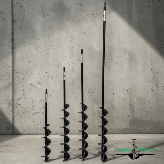 Heavy duty Power Planter Augers with extended length 3-inch bulb auger for deep soil drilling and planting.