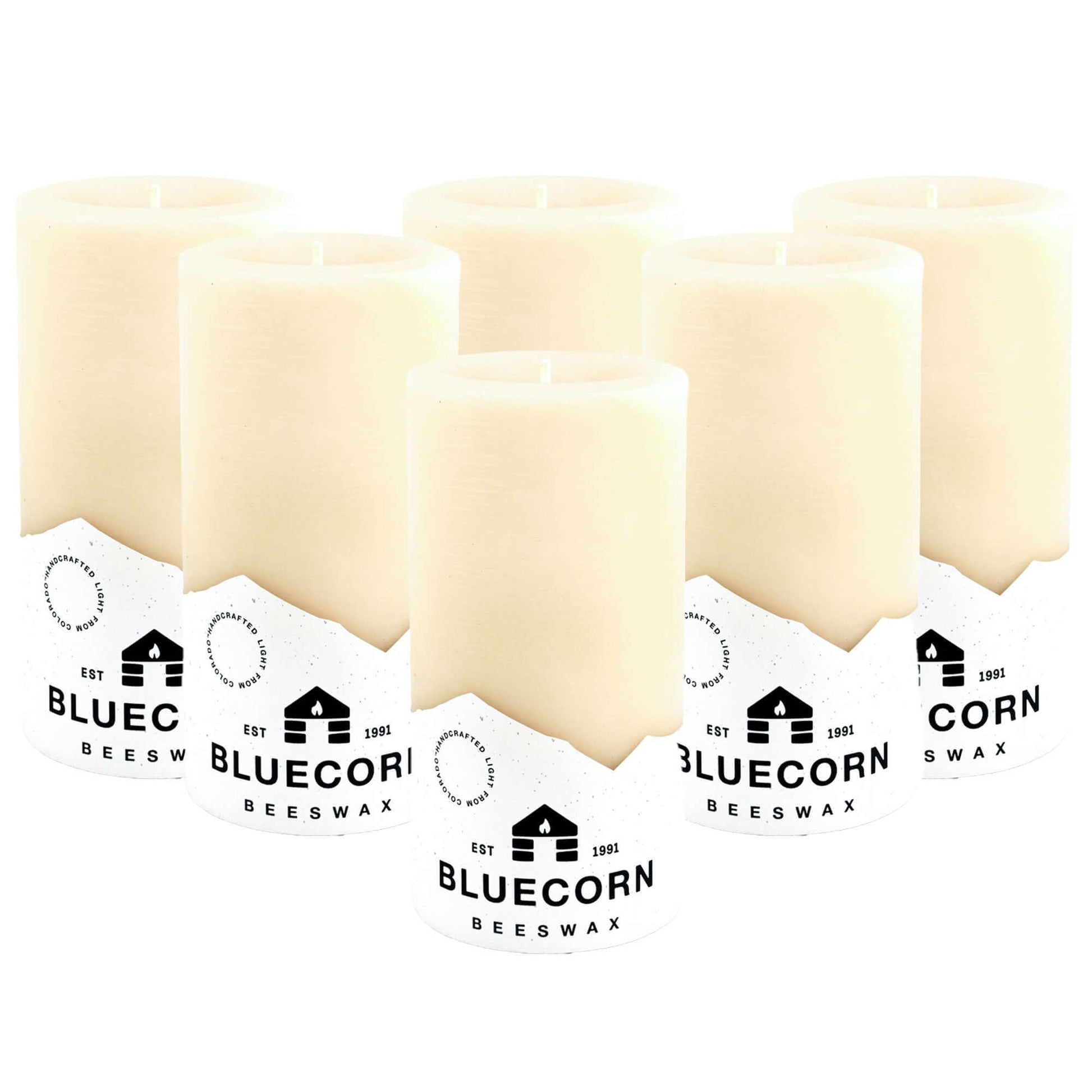 Set of six ivory beeswax pillar candles from Bluecorn Candles, 3x6 inch size, natural and pure beeswax finish.