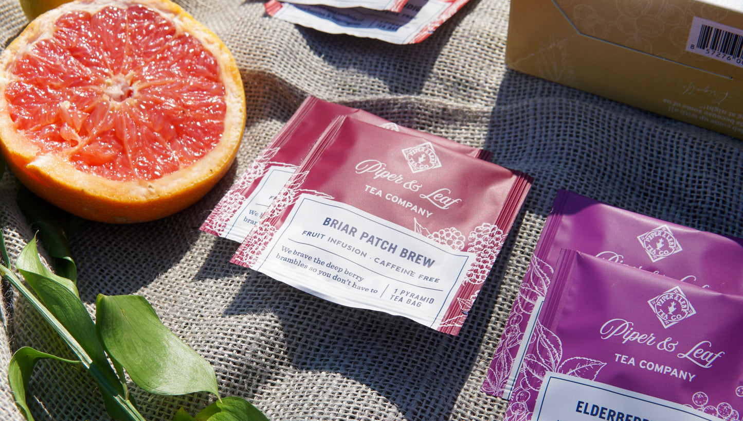 Box of 12 caffeine-free tea bags from Piper and Leaf Tea Co., featuring assorted herbal and fruit tea flavors.