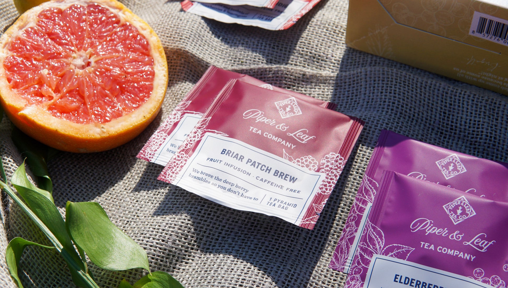 Box of 12 caffeine-free tea bags from Piper and Leaf Tea Co., featuring assorted herbal and fruit tea flavors.