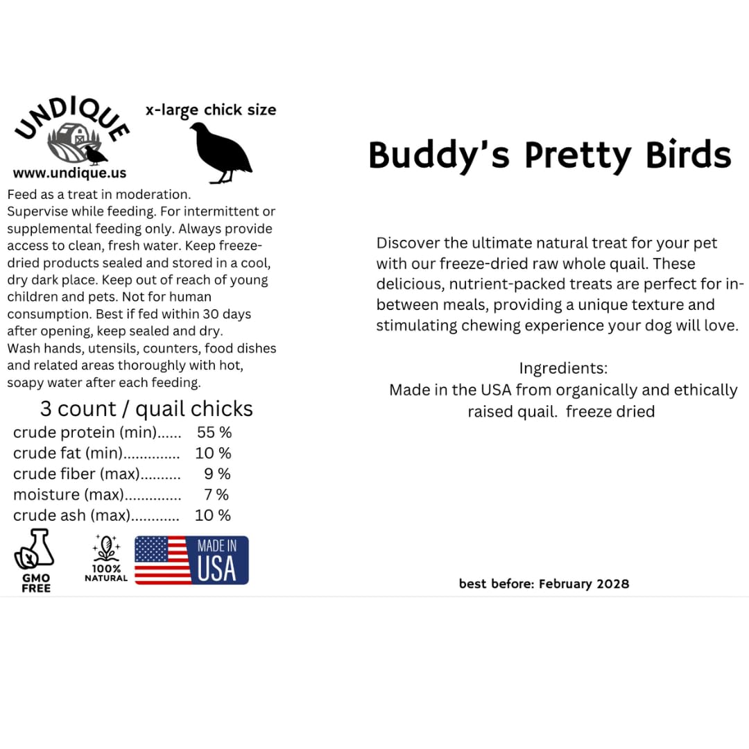 Three Buddy's Pretty Birds Whole Quail Chicks XL from Quailz.com by Undique LLC, displayed on a white background.