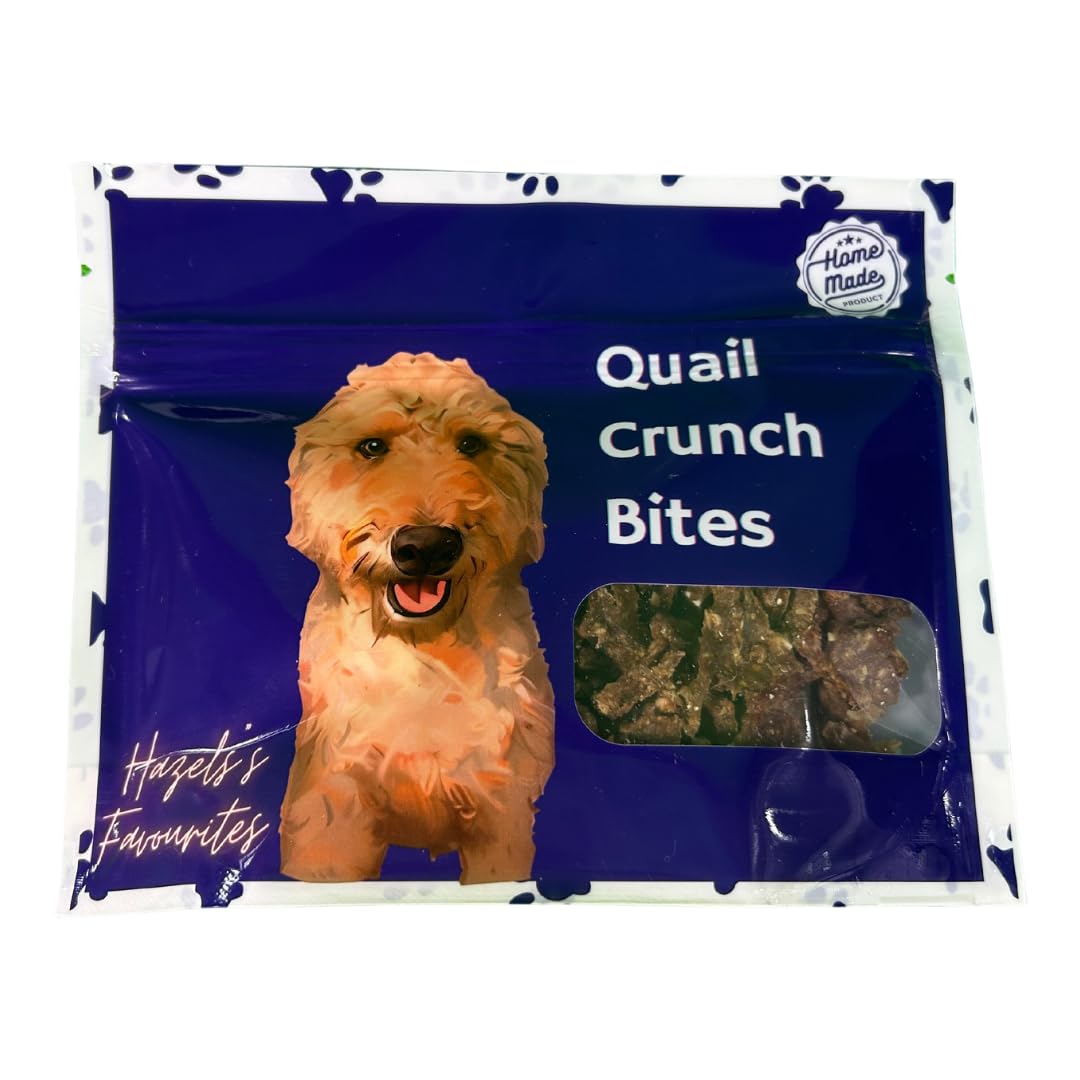 Dehydrated dog treats with quail meat and shells, organic and healthy, ideal for training and rewarding dogs, by Quailz.com.