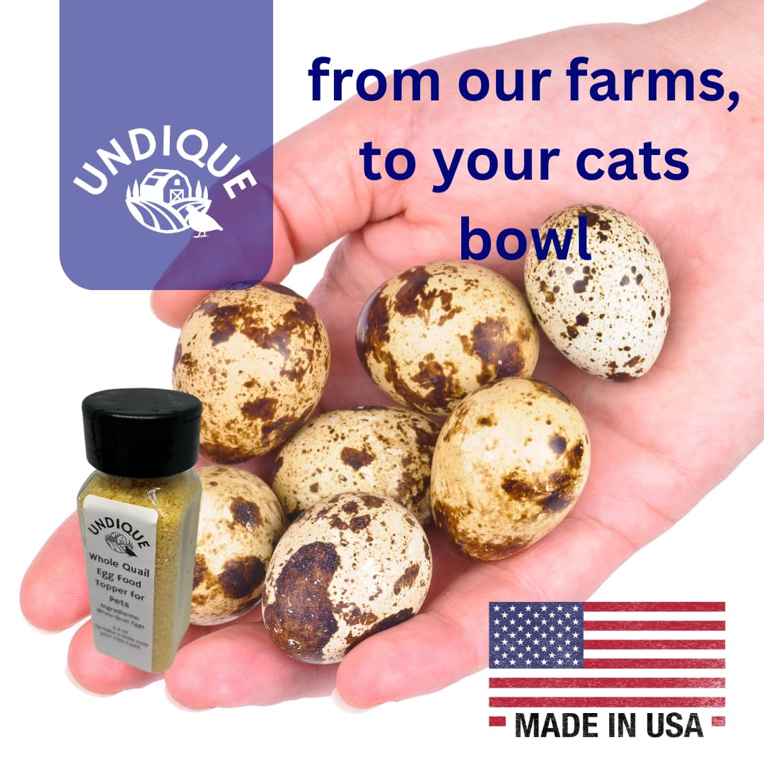 High-protein quail egg cat food topper by Quailz.com, freeze-dried for digestive health, grain-free, suitable for picky cats.