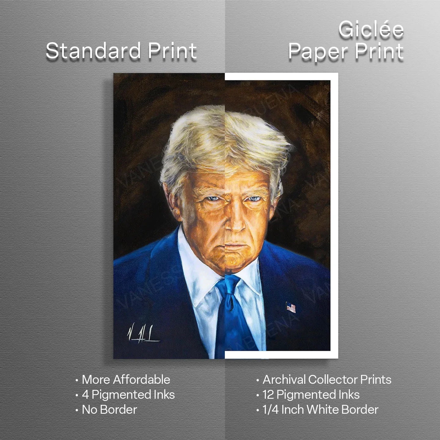 Side-by-side comparison of Donald Trump as 45th and 47th President, featuring Vanessa Horabuena branding and a clear mockup display