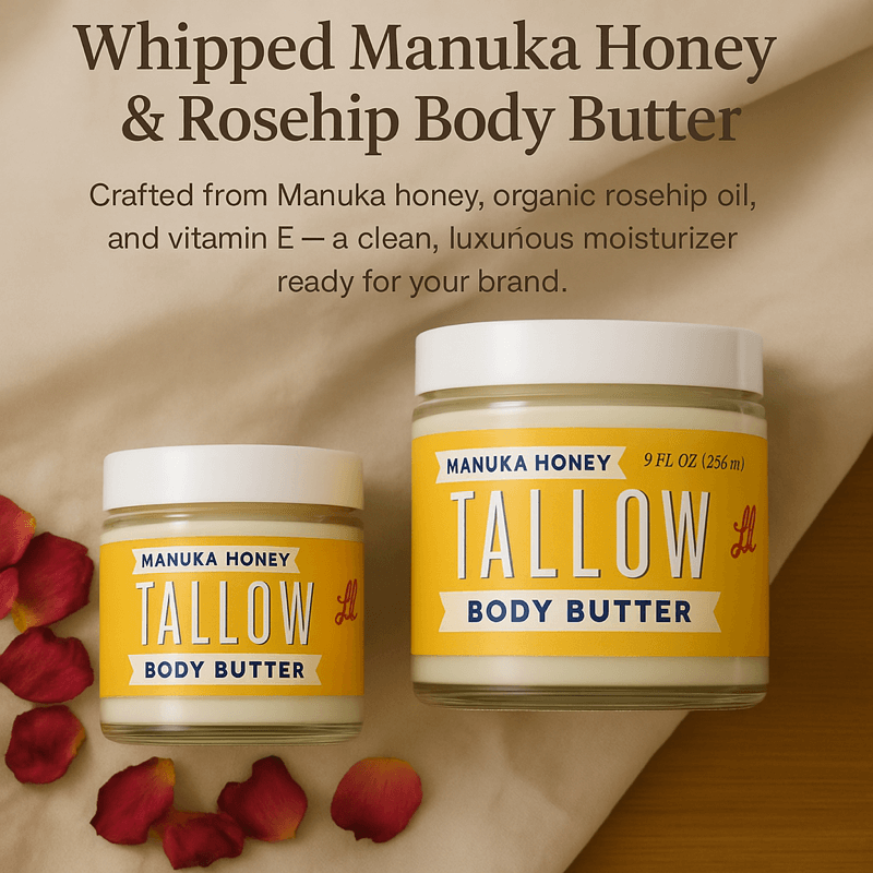 Lady May Tallow Manuka Honey and Rosehip Body Butter in a creamy lotion, with a smooth, nourishing texture and floral scent.
