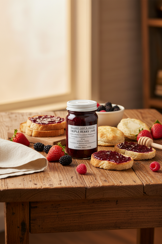 Amish Country Store Miller's triple berry jam jar with label, showcasing fresh berries and Amish-made quality.