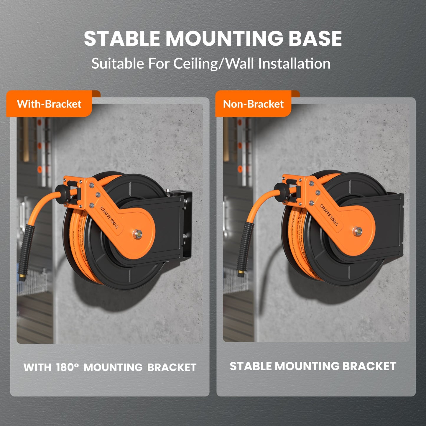 Giraffe Tools US retractable air hose reel with alloy steel construction, 3/8 inch diameter, 25 to 50 feet length, mounted on wall