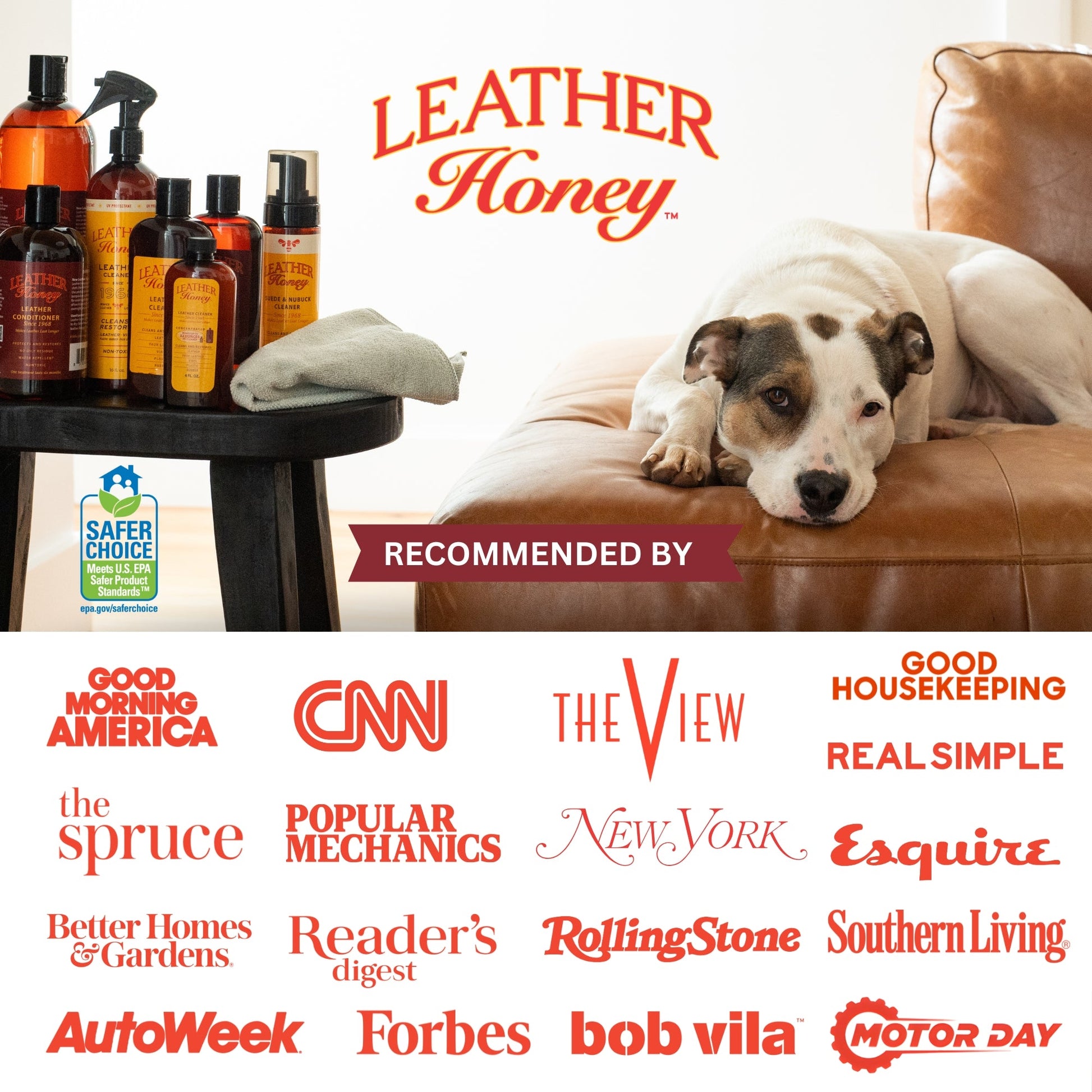 Leather Honey leather conditioner bottle and applicator on a white background, showing the product for leather care and maintenance.
