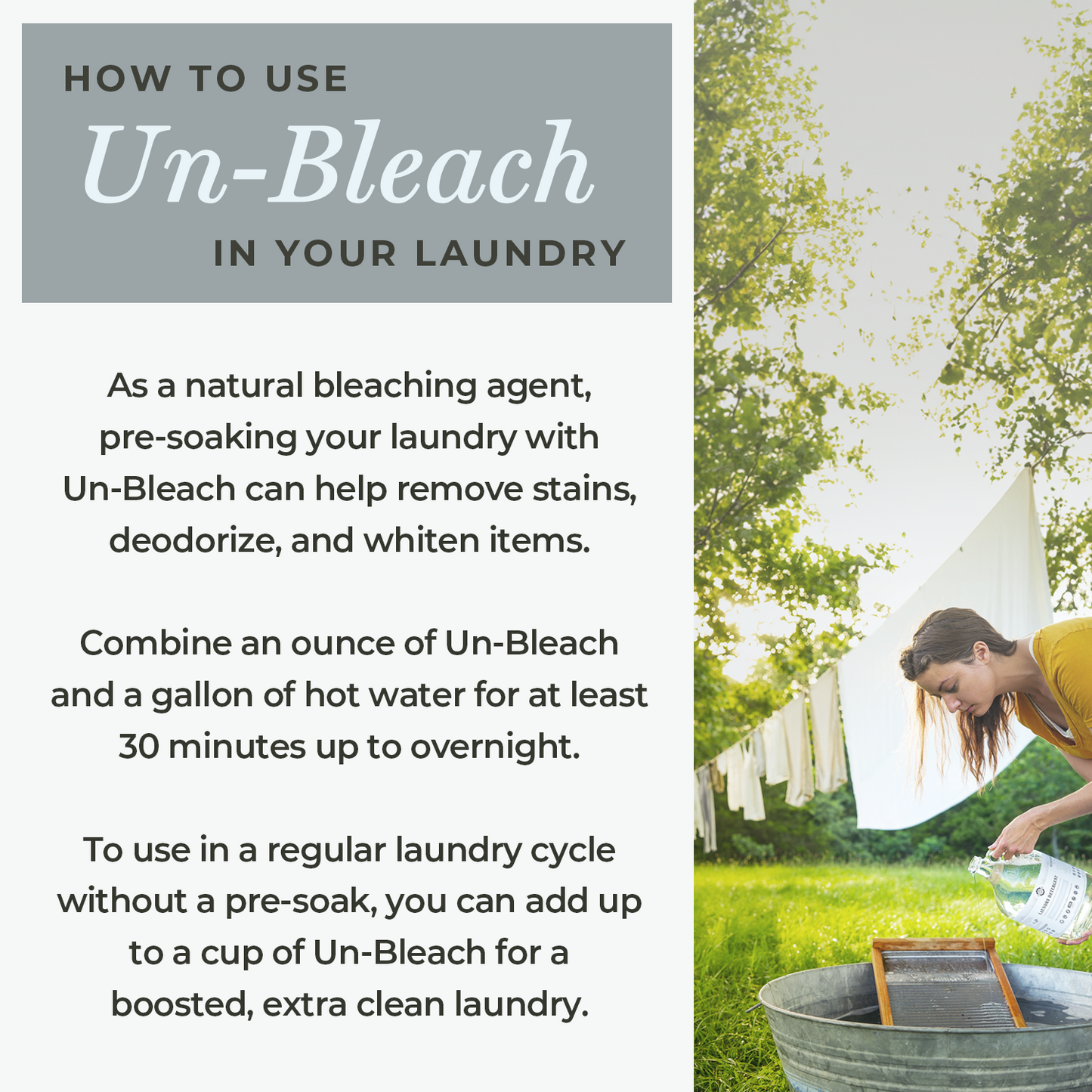 Instructional image of a woman hanging clothes outdoors with a bucket, showing how to soak laundry using Rustic Strength’s Un-Bleach, a toxin-free bleach alternative that brightens, cleans, and deodorizes laundry.