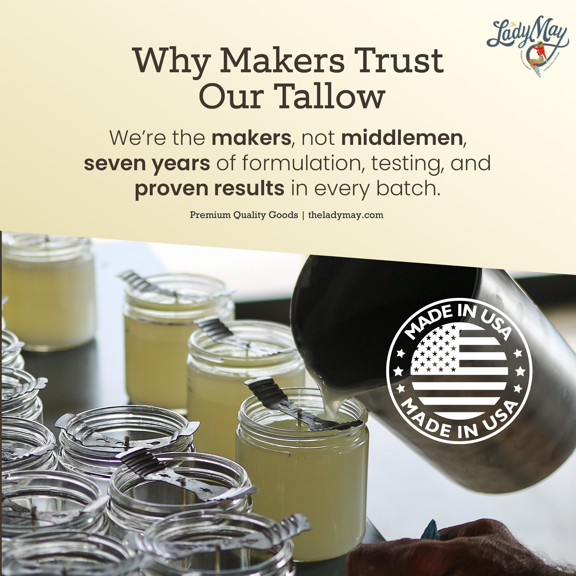 Unscented bulk beef tallow from Lady May Tallow, 16-pound block of natural, pure beef fat in a clear container.