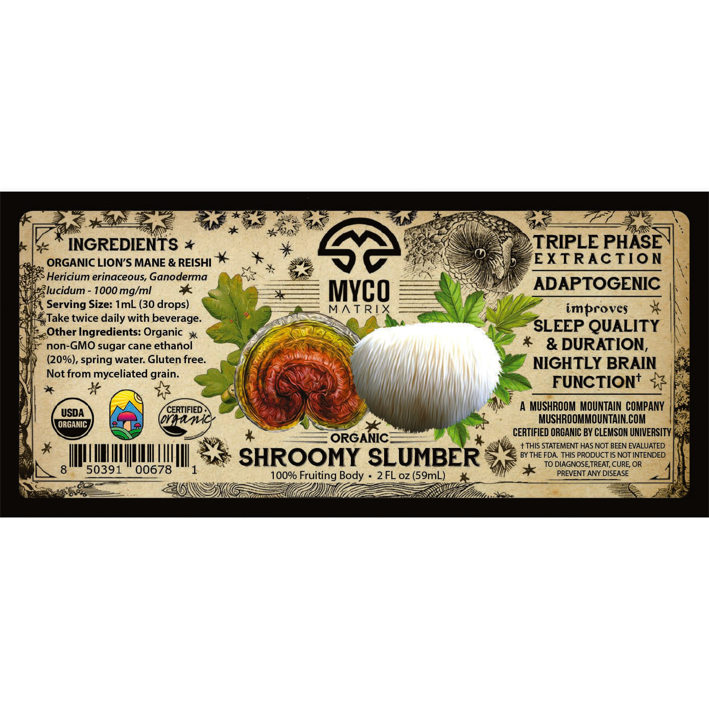 Mycomatrix Mushroom Mountain Shroomy Slumber adaptogenic mushroom extract in a glass jar with a label and supplement scoop.