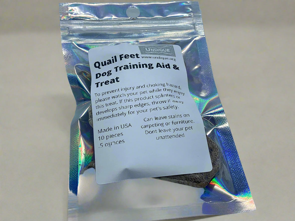 Quailz.com by Undique LLC quail feet dog training aid and treat, showing natural quail feet for pet training and rewards.