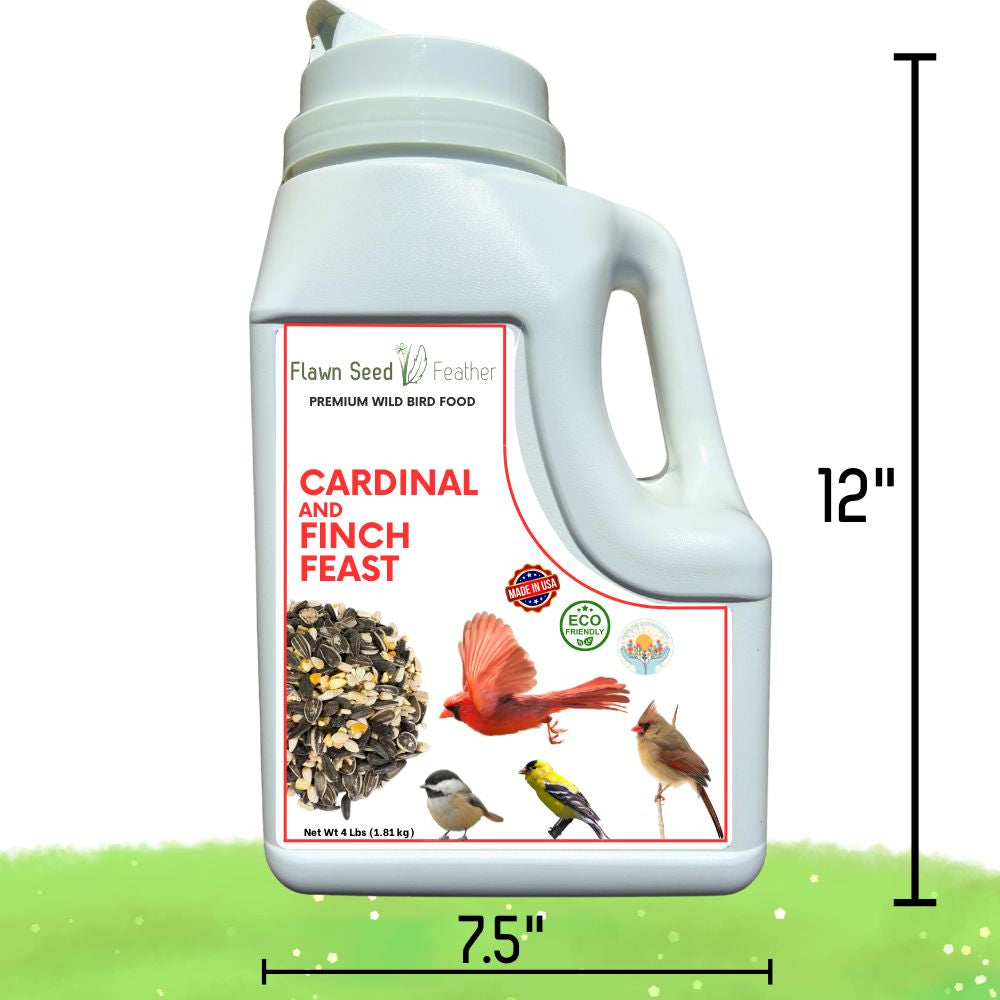 Four-pound jug of Flawn Seed Kits Cardinal & Finch Feast wild bird seed blend in a clear plastic container.
