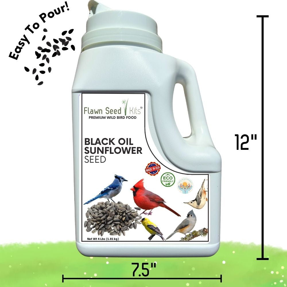 4lb jug of Flawn Seed Kits premium black oil sunflower wild bird seed, showing a clear view of the seed inside the container