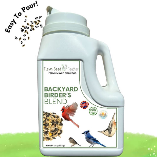 Four-pound jug of Flawn Seed Kits Backyard Birder's Wild Bird Seed Blend for attracting garden birds.