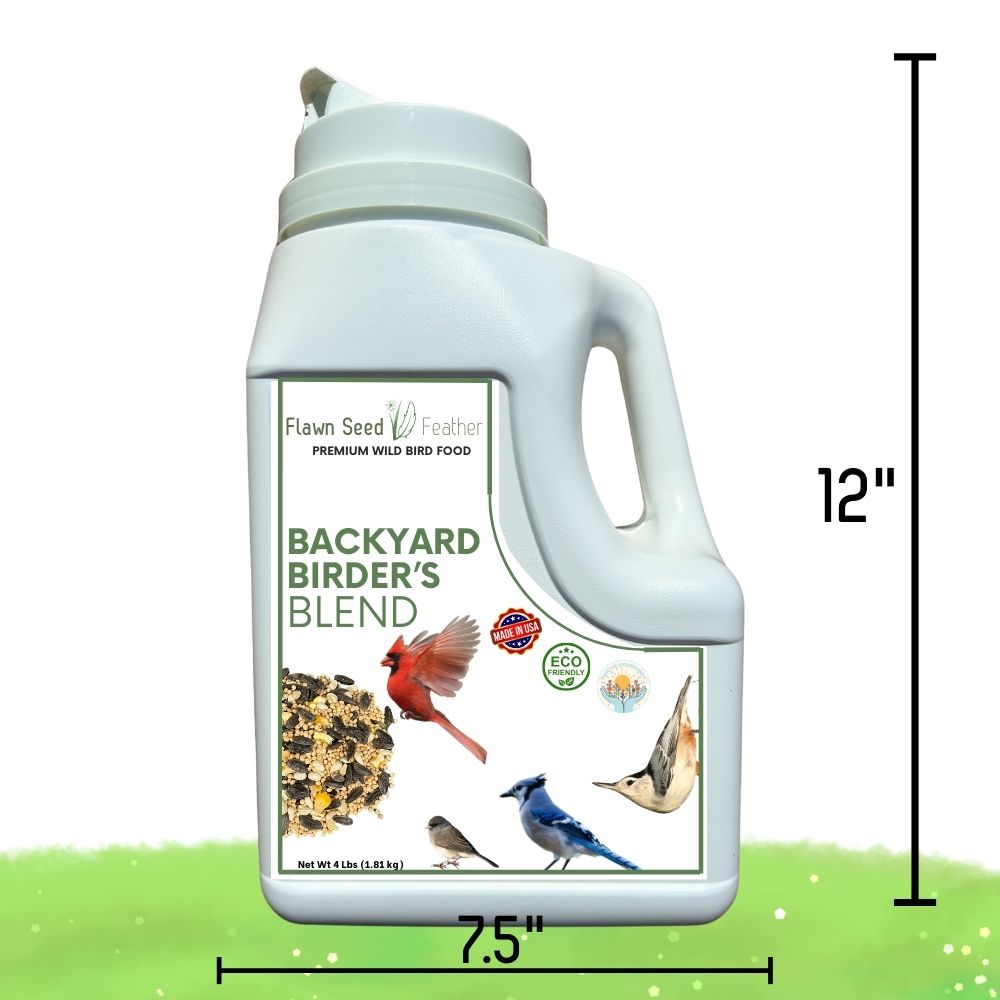 4lb jug of Flawn Seed Kits Backyard Birder's Wild Bird Seed Blend, showing a colorful mix of birdseed in a plastic container.
