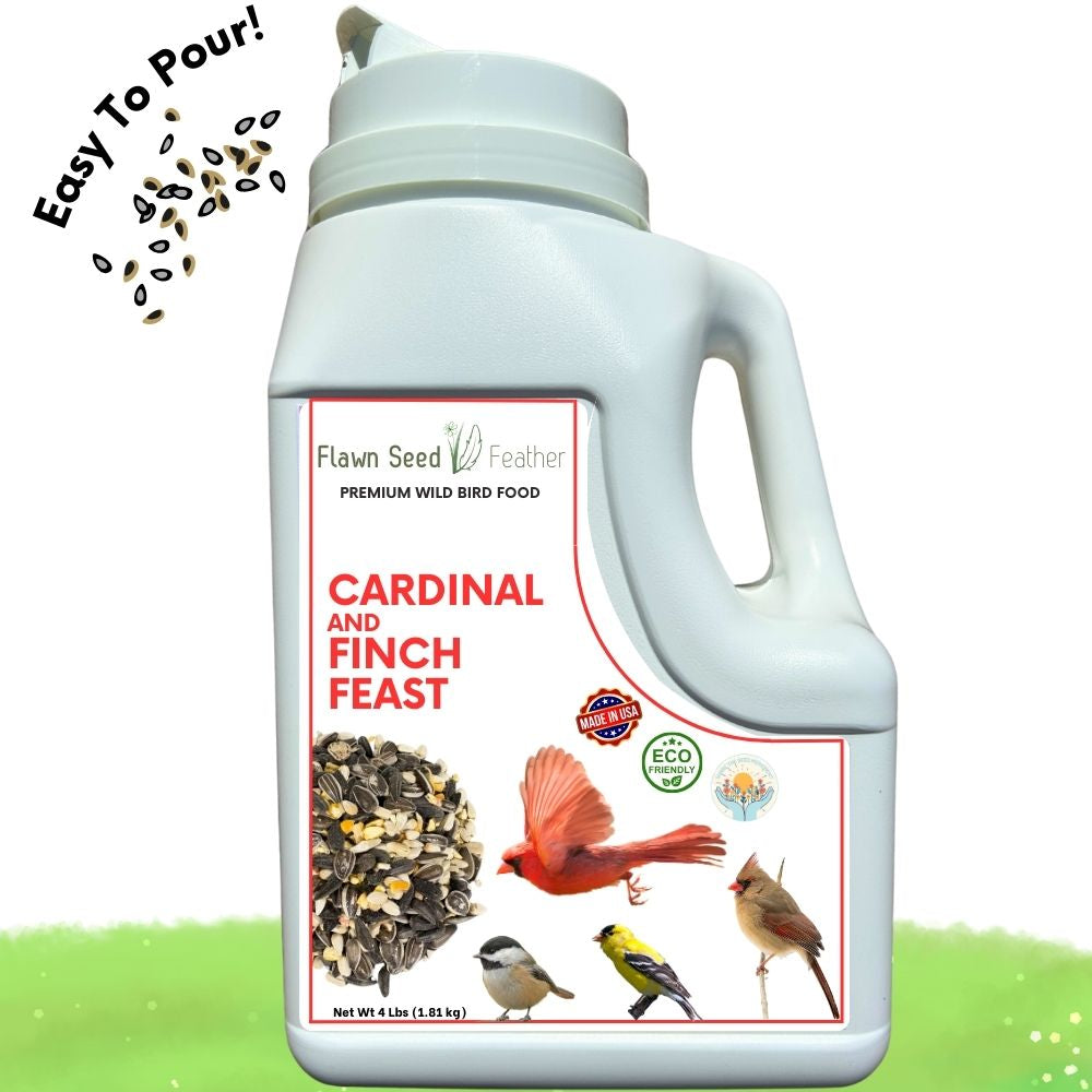 4lb jug of Flawn Seed Kits Cardinal & Finch Feast wild bird seed blend for attracting songbirds to your garden.