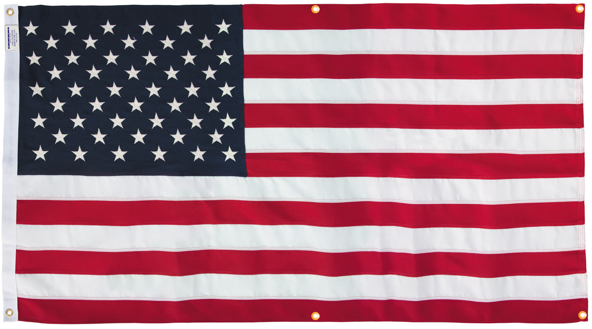 Polyester American flag wall-mounted with reinforced grommets, 4x65x8 inches, by Flagman of America, made in the USA.
