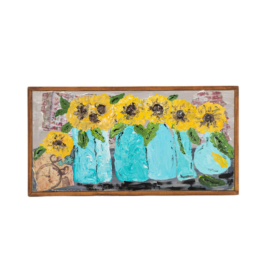 Sunflower canvas flower painting with frame, 25x13 inches, vibrant yellow sunflowers, decorative wall art for home and garden.