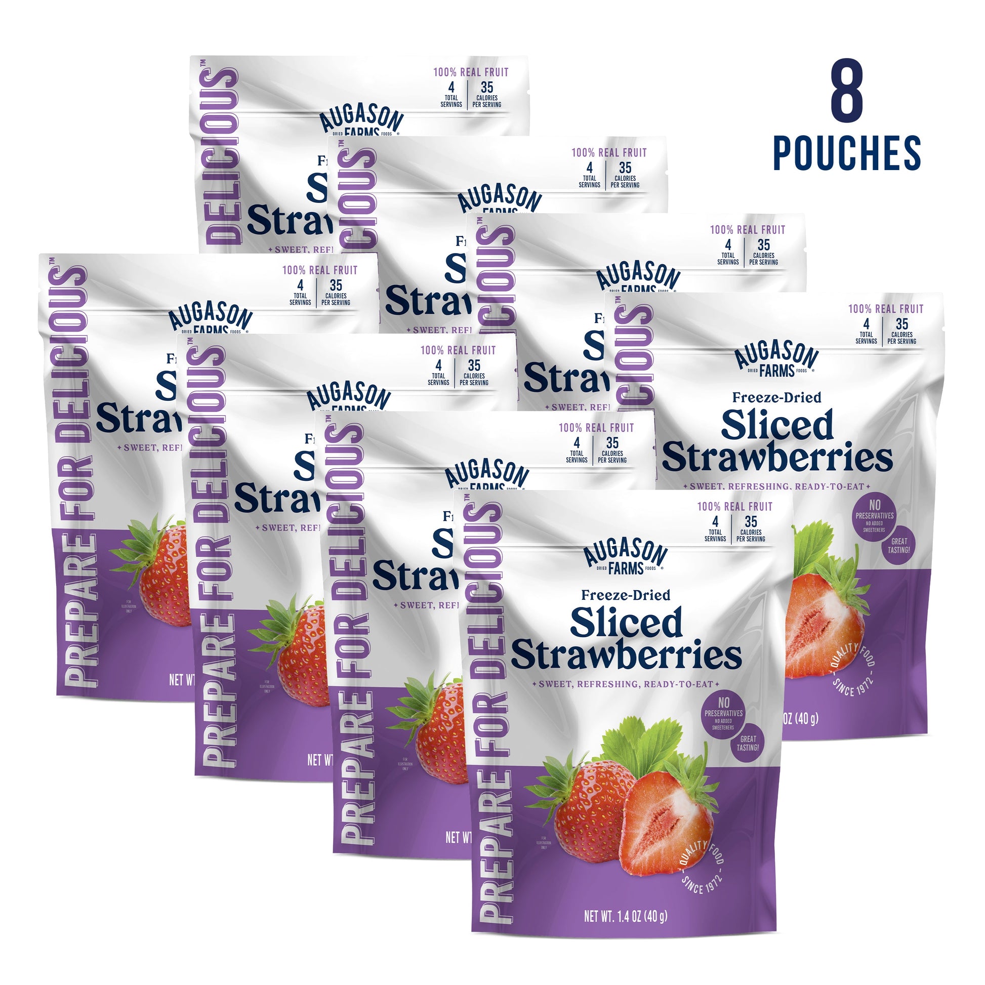 Freeze dried sliced strawberries pouch by Augason Farms, 4 servings, showing bright red strawberry slices in resealable pouch.