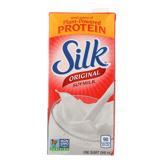 Six 32 fl oz bottles of Cozy Farm Silk Soymilk in original flavor, dairy-free plant-based beverage, shown in a pack.