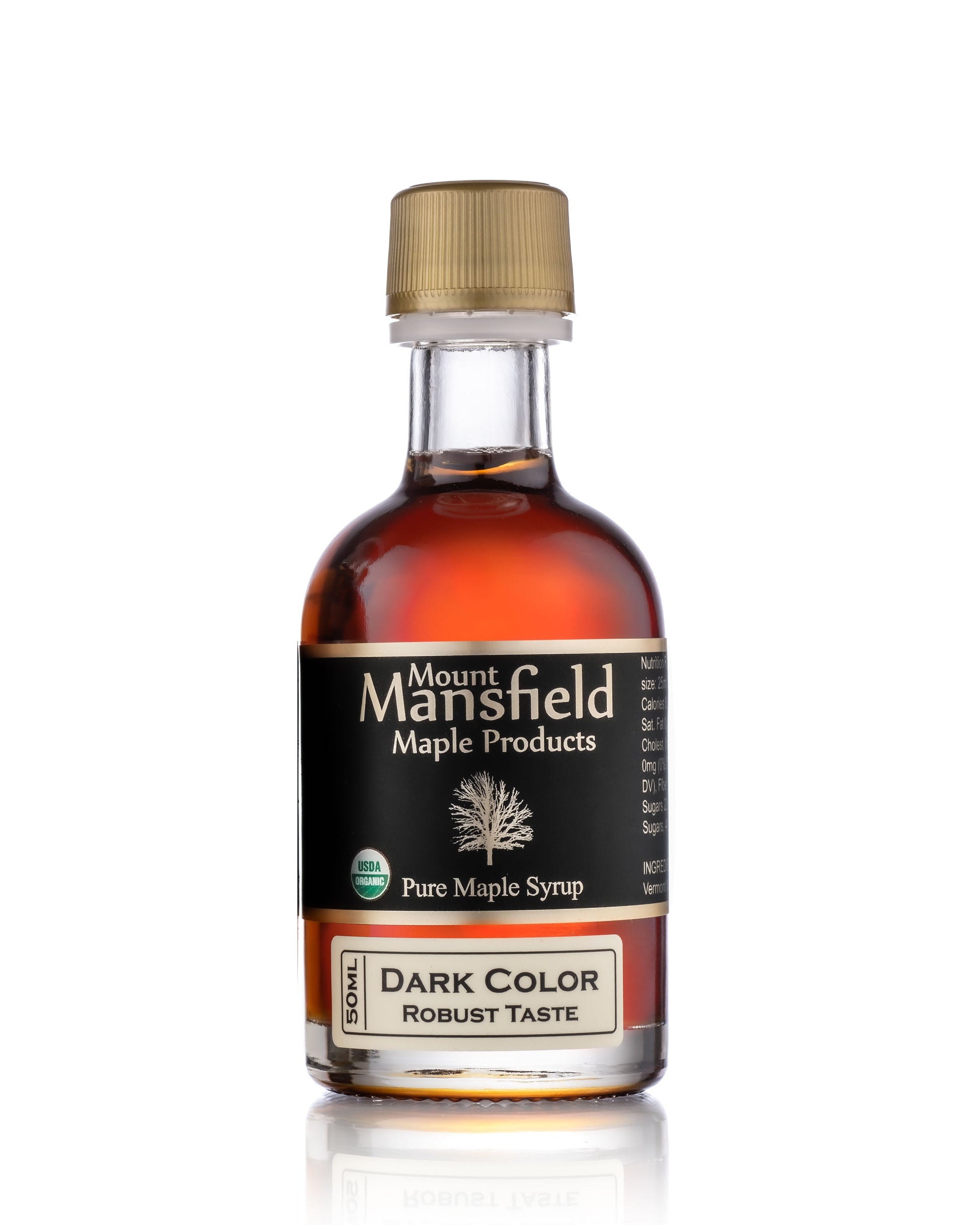 Dark robust Vermont maple syrup in a glass jug, produced by Mount Mansfield Maple Products, with a 50ml serving size.