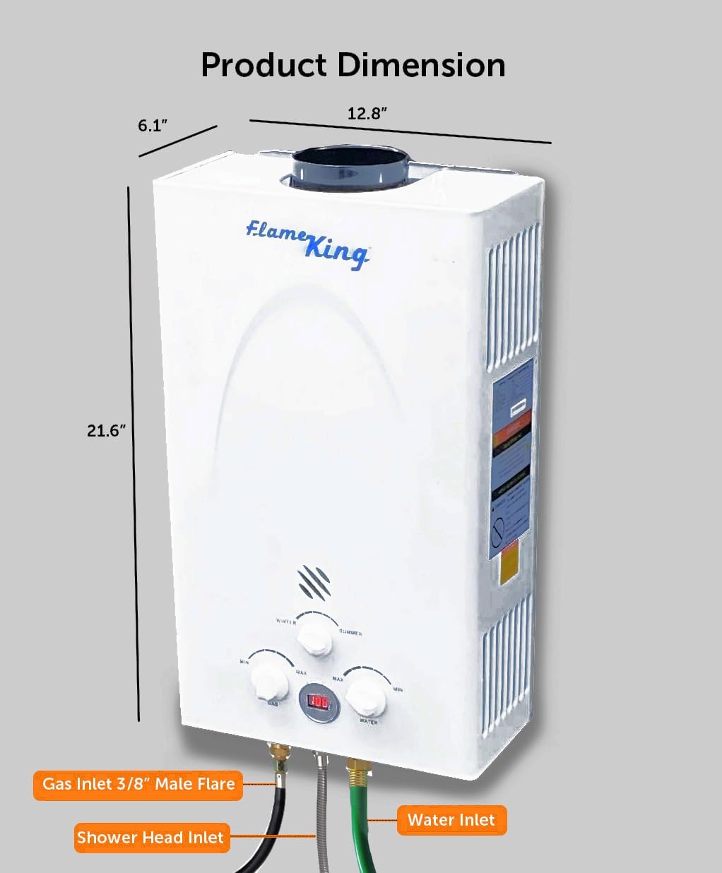 Flame King portable camping hot water heater with propane, 10L tank, outdoor use, suitable for RVs and trailers, 68,000 BTU.