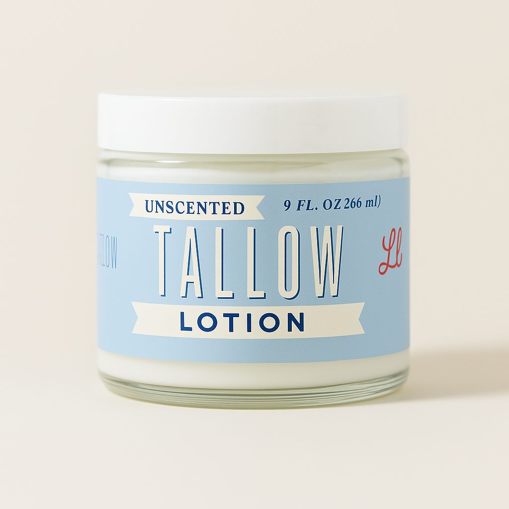 Unscented tallow body lotion by Lady May Tallow, preservative-free moisturizer in a creamy, natural body cream container.