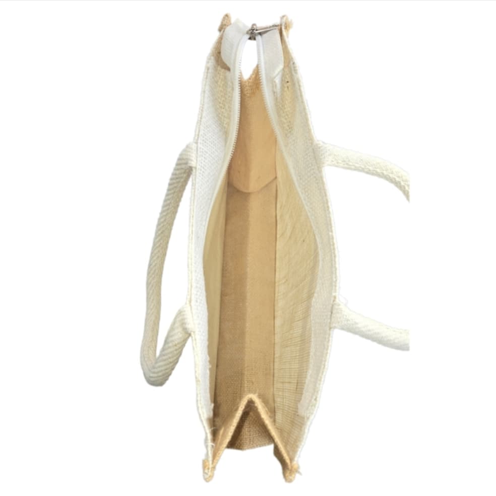 Vintage style MicRic jute cotton tote bag with large pockets, ideal for shopping and casual carrying, custom-made design.