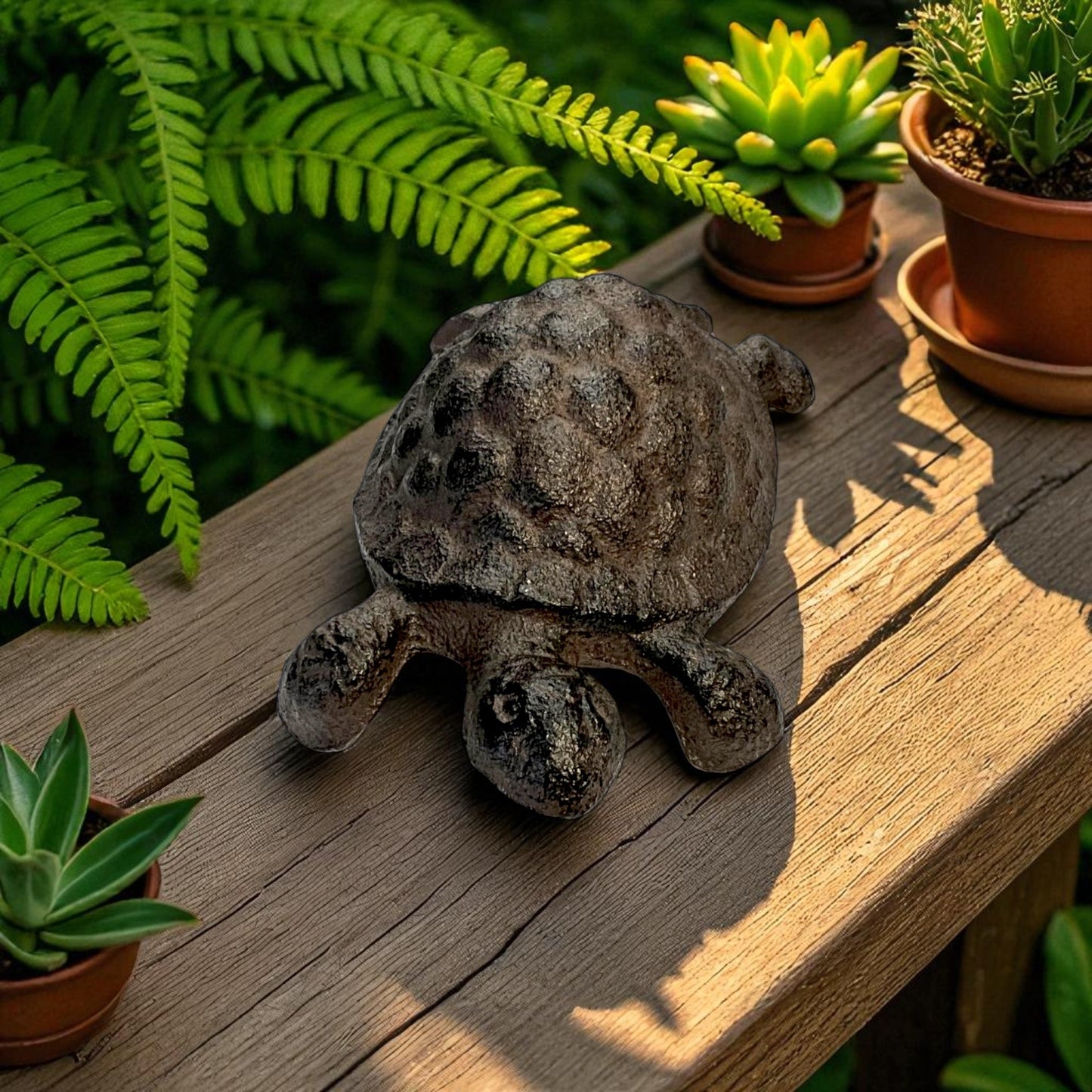 Rustic Cast Iron Turtle Garden Statue, Whimsical Outdoor Decor