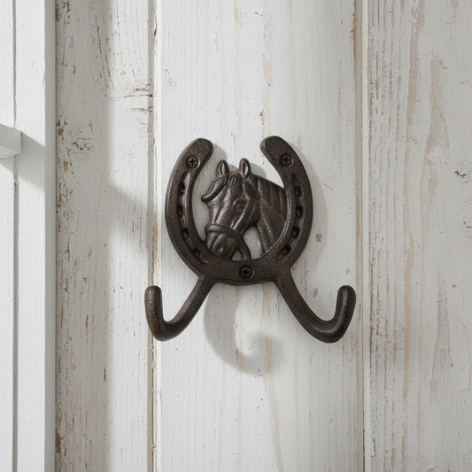 Cast Iron Horseshoe Wall Hook - Rustic Horse Head Coat Key Hanger for Home Decor - Iron & Blossom ~ Blessings Grow Meadows