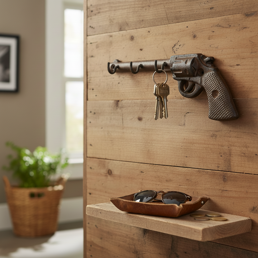 Western Cast Iron Gun Hooks, Vintage Revolver Wall Organizer