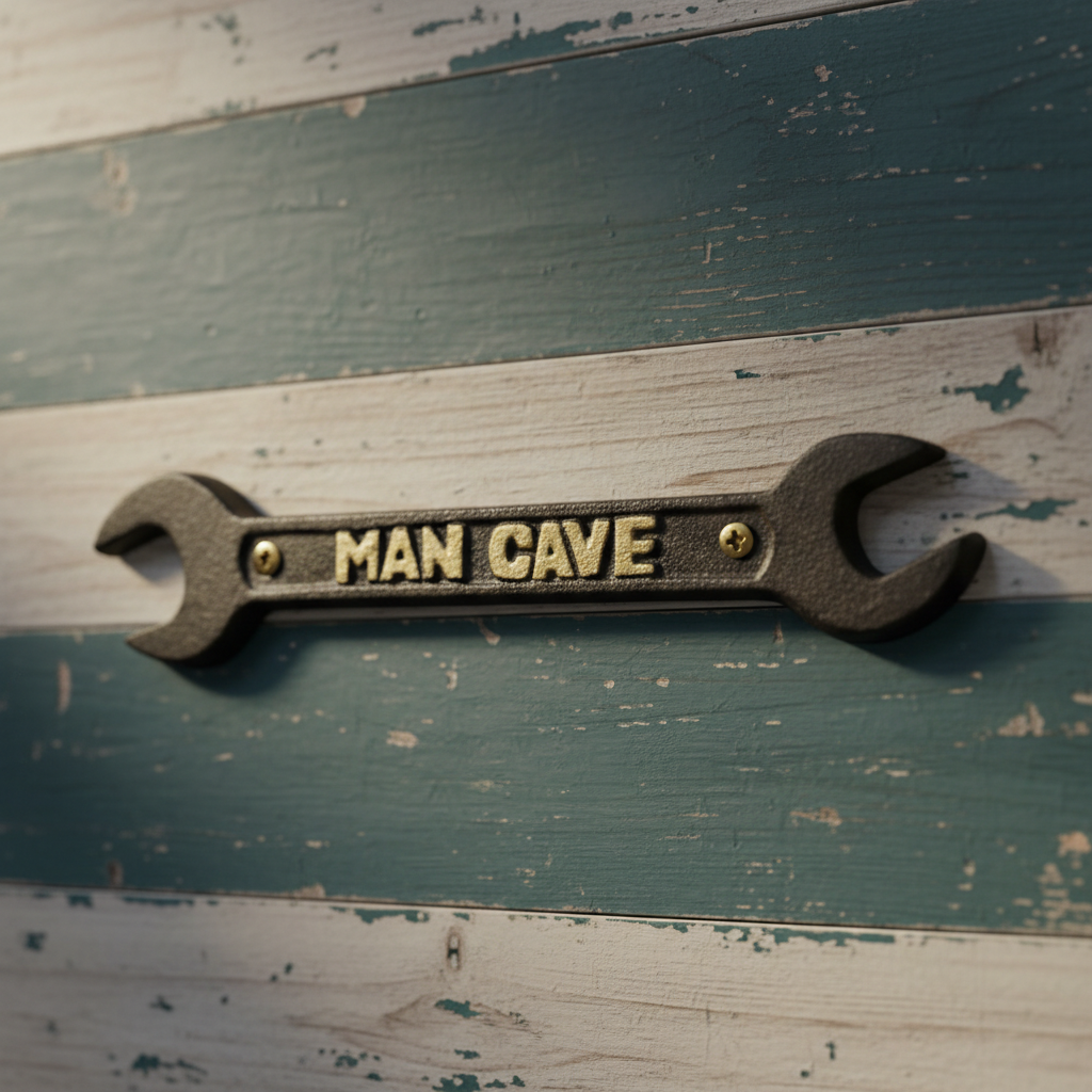 Cast Iron Spanner Wrench Man Cave Plaque, Rugged Industrial Decor - Iron & Blossom ~ Blessings Grow Meadows