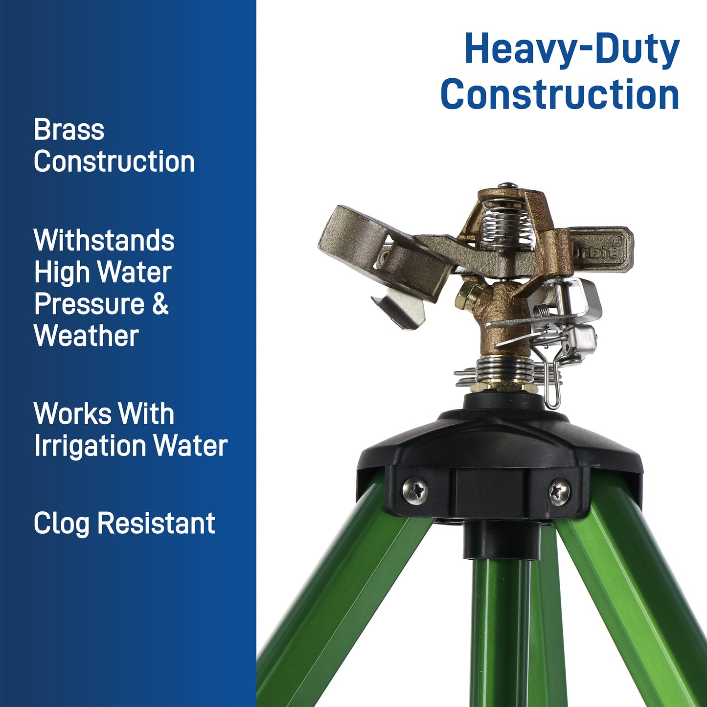 Heavy-duty brass impact sprinkler on tripod base by Orbit Irrigation, designed for large area watering.