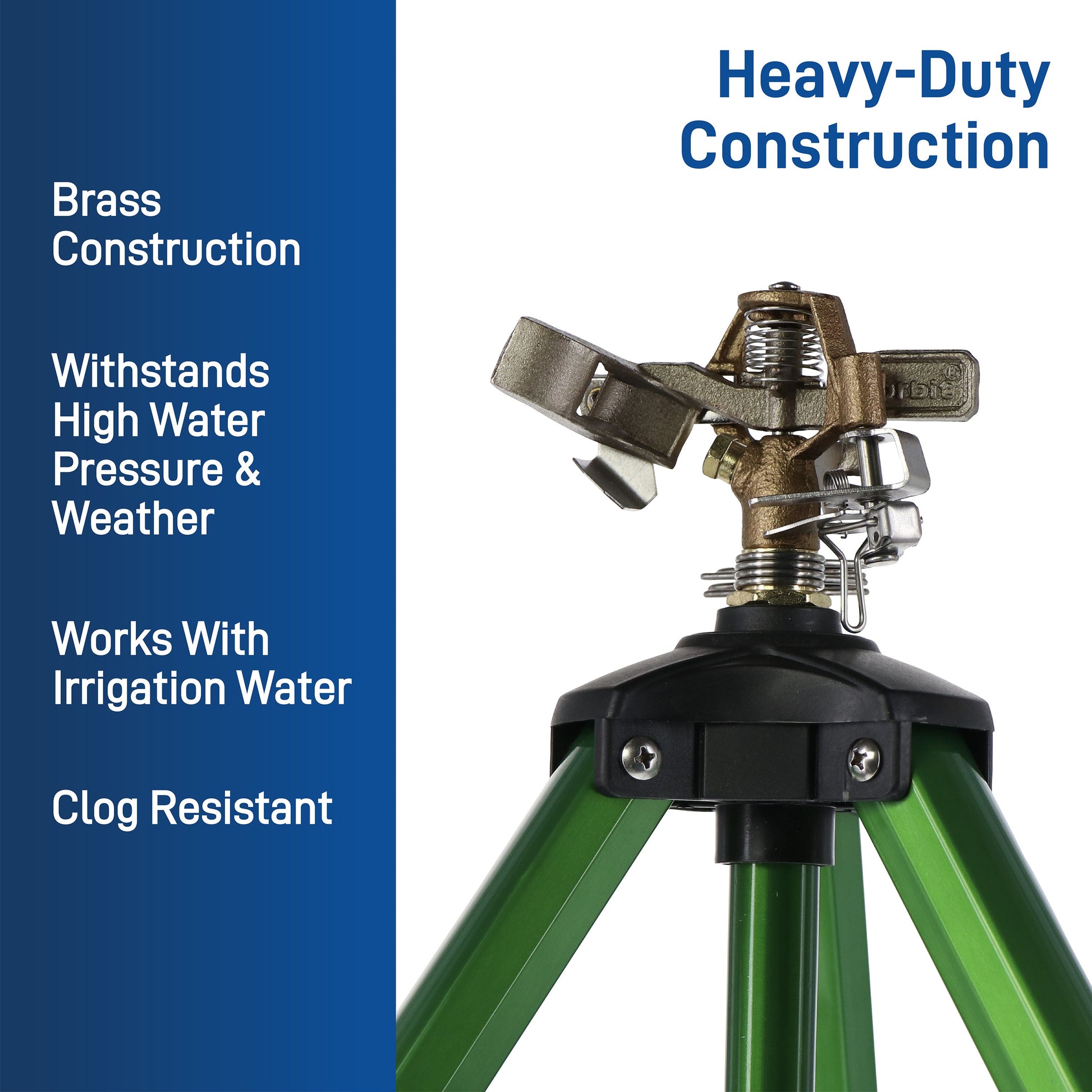 Heavy-duty brass impact sprinkler on tripod base by Orbit Irrigation, designed for large area watering.
