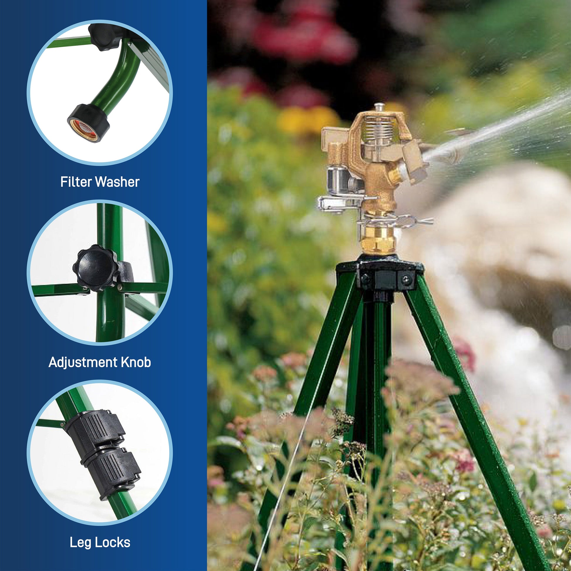 Orbit Irrigation 1/2 inch brass impact sprinkler on tripod base, ideal for large area watering, shown in outdoor garden setting.