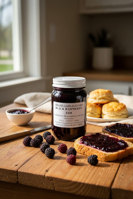 Amish Country Store Black Raspberry Jam jar showing label and fresh black raspberry fruit inside, Amish-made Amish jam product