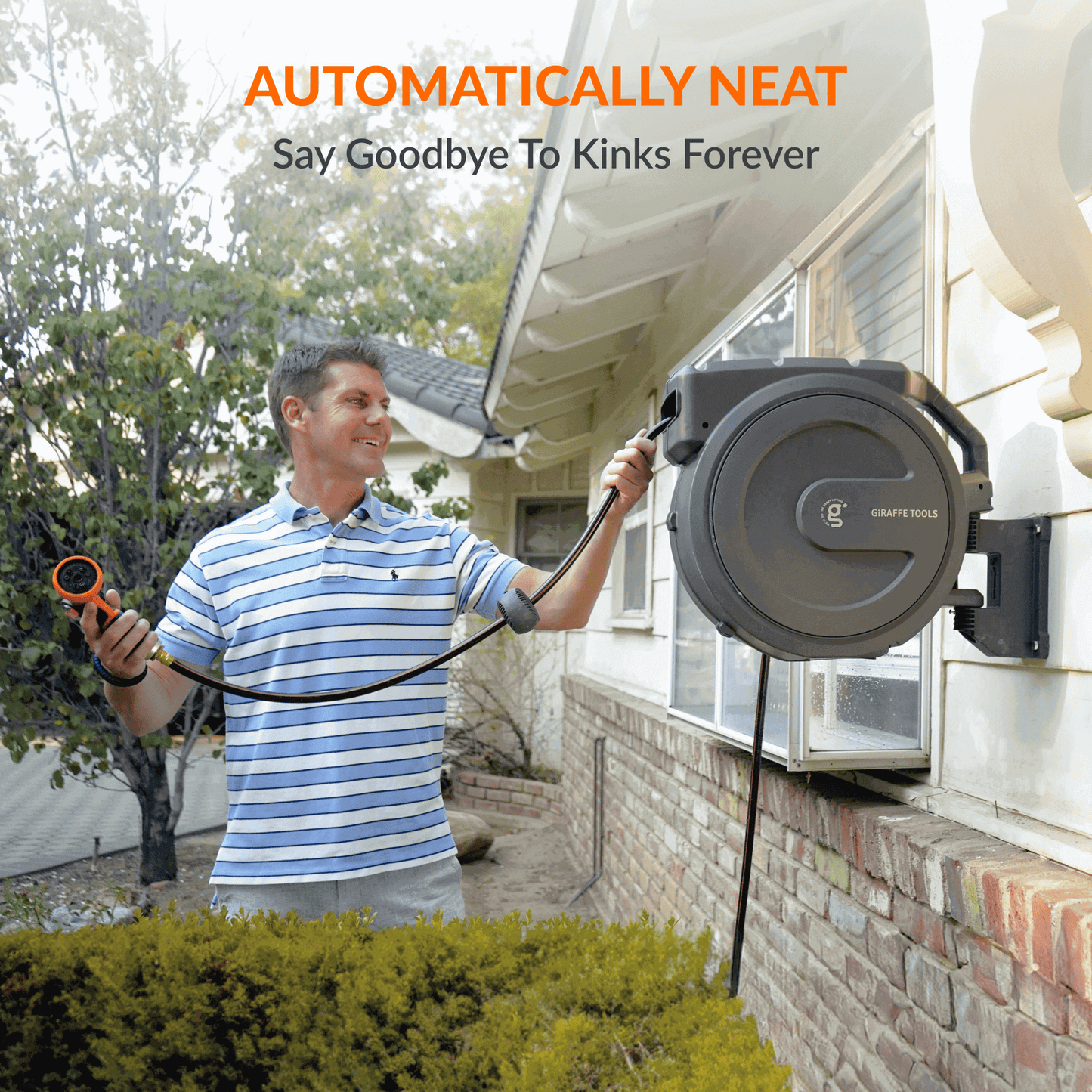 Giraffe Tools US retractable garden hose reel, 5/8 inch diameter, 115 feet length, mounted for outdoor garden watering.