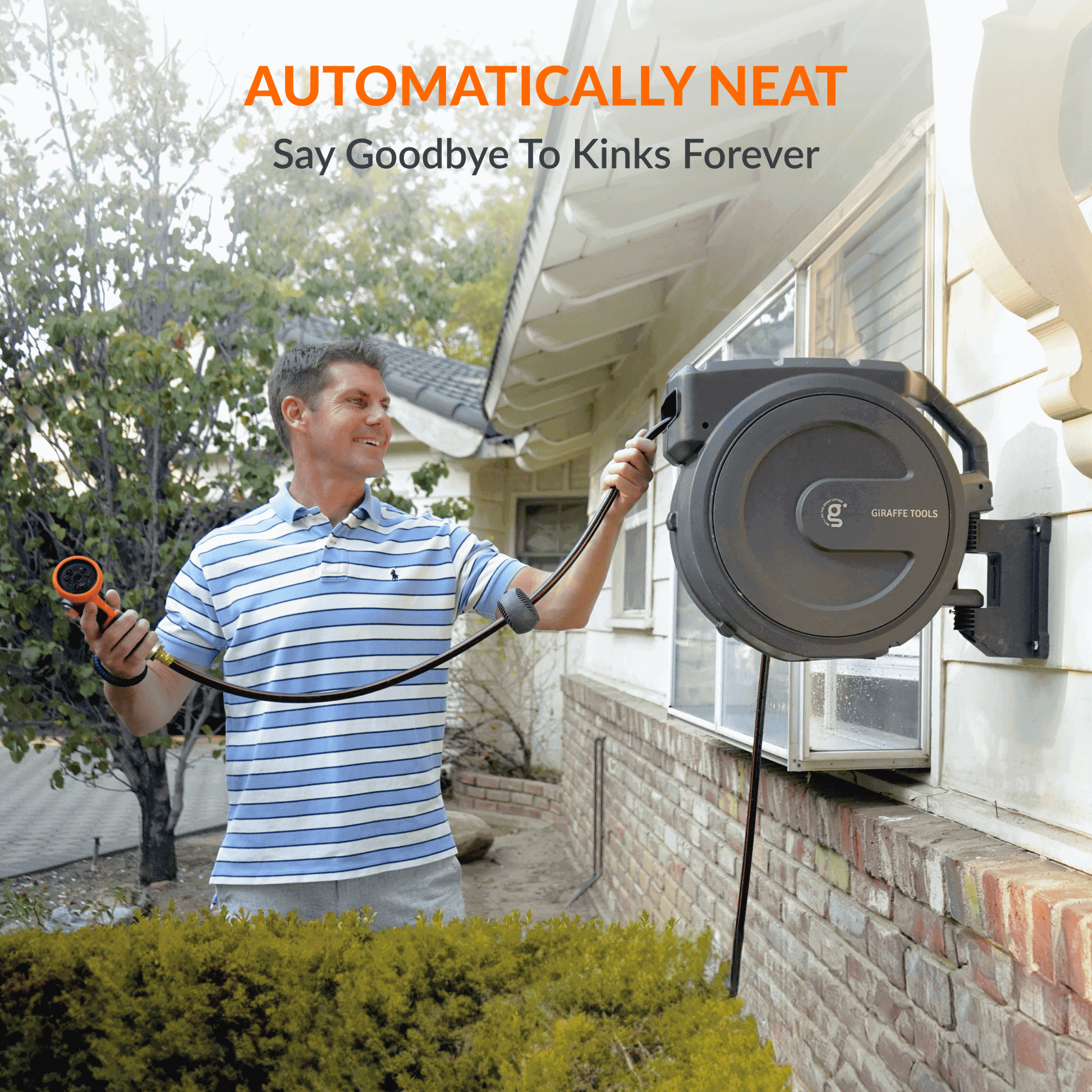 Giraffe Tools US retractable garden hose reel, 5/8 inch diameter, 115 feet length, mounted for outdoor garden watering.