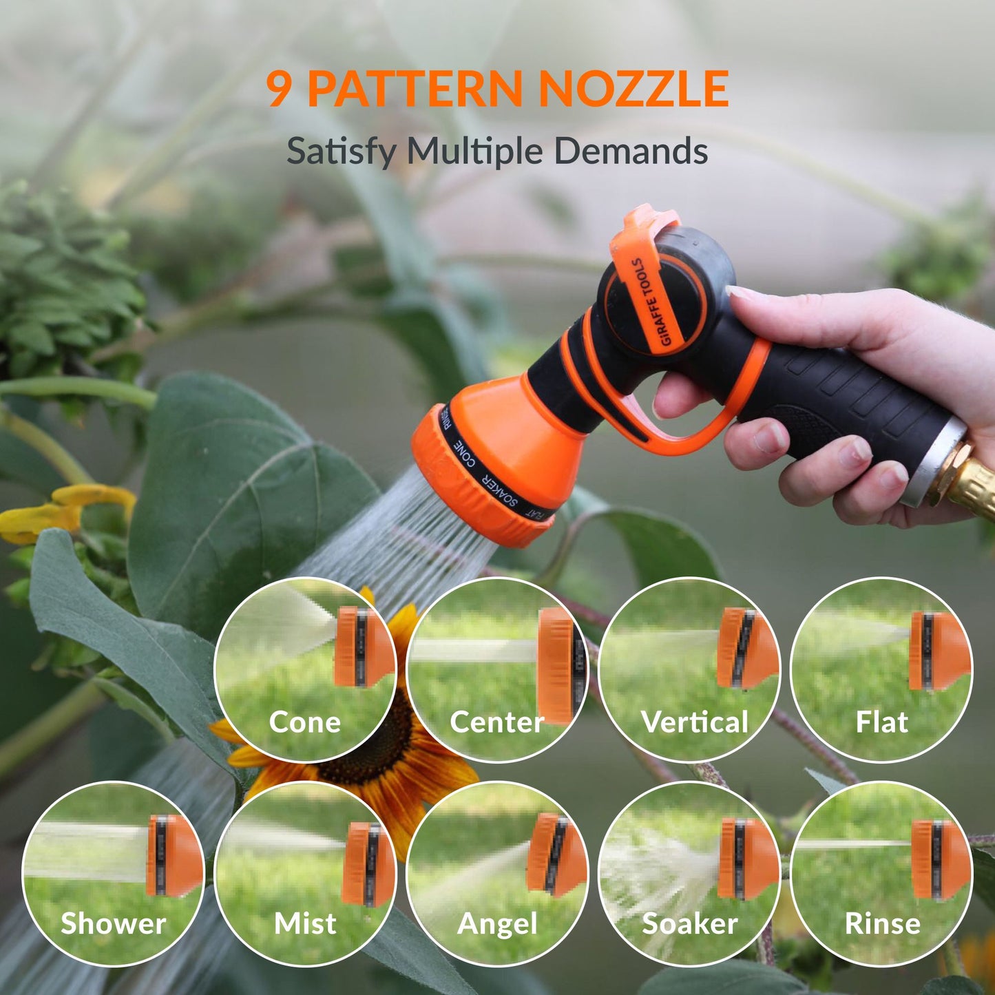 Giraffe Tools US retractable garden hose reel with 5/8 inch, 115-foot hose, mounted on a garden wall for easy watering.