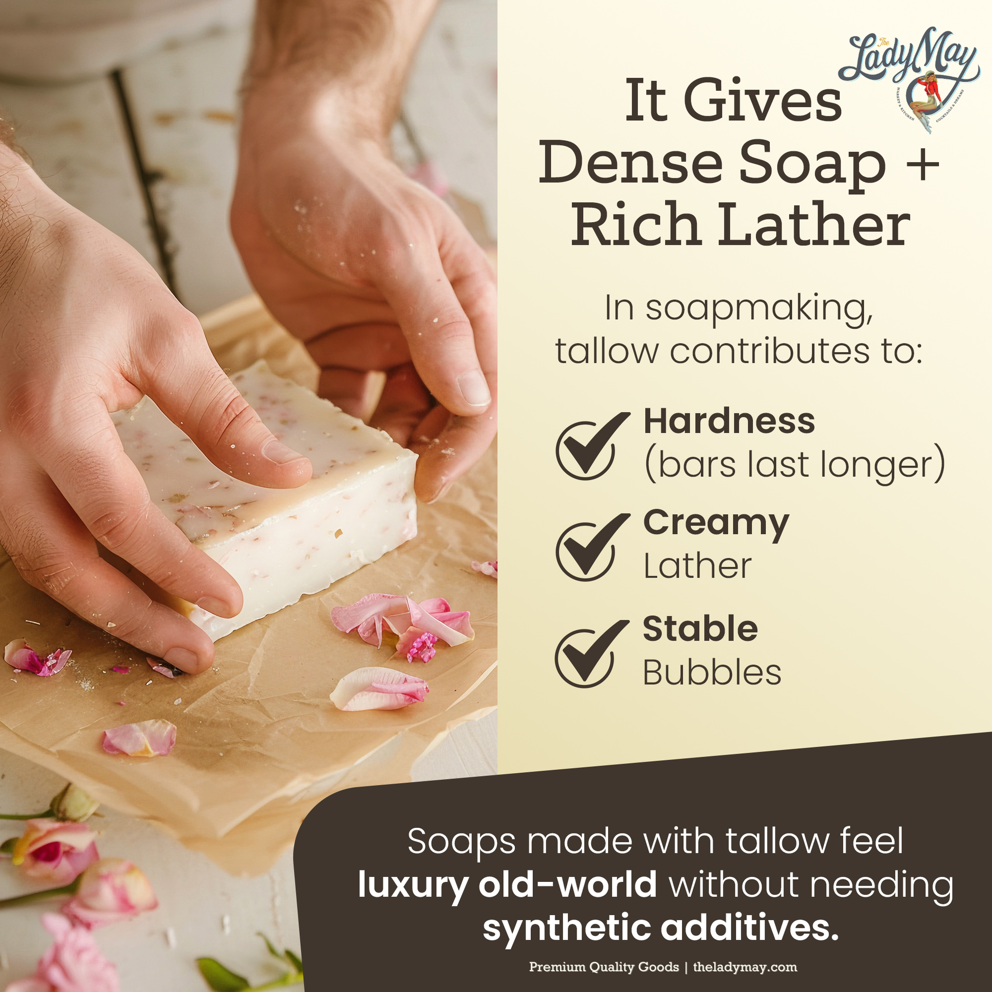 Unscented bulk beef tallow by Lady May Tallow, 16 pounds of natural, pure beef fat in a resealable bag.