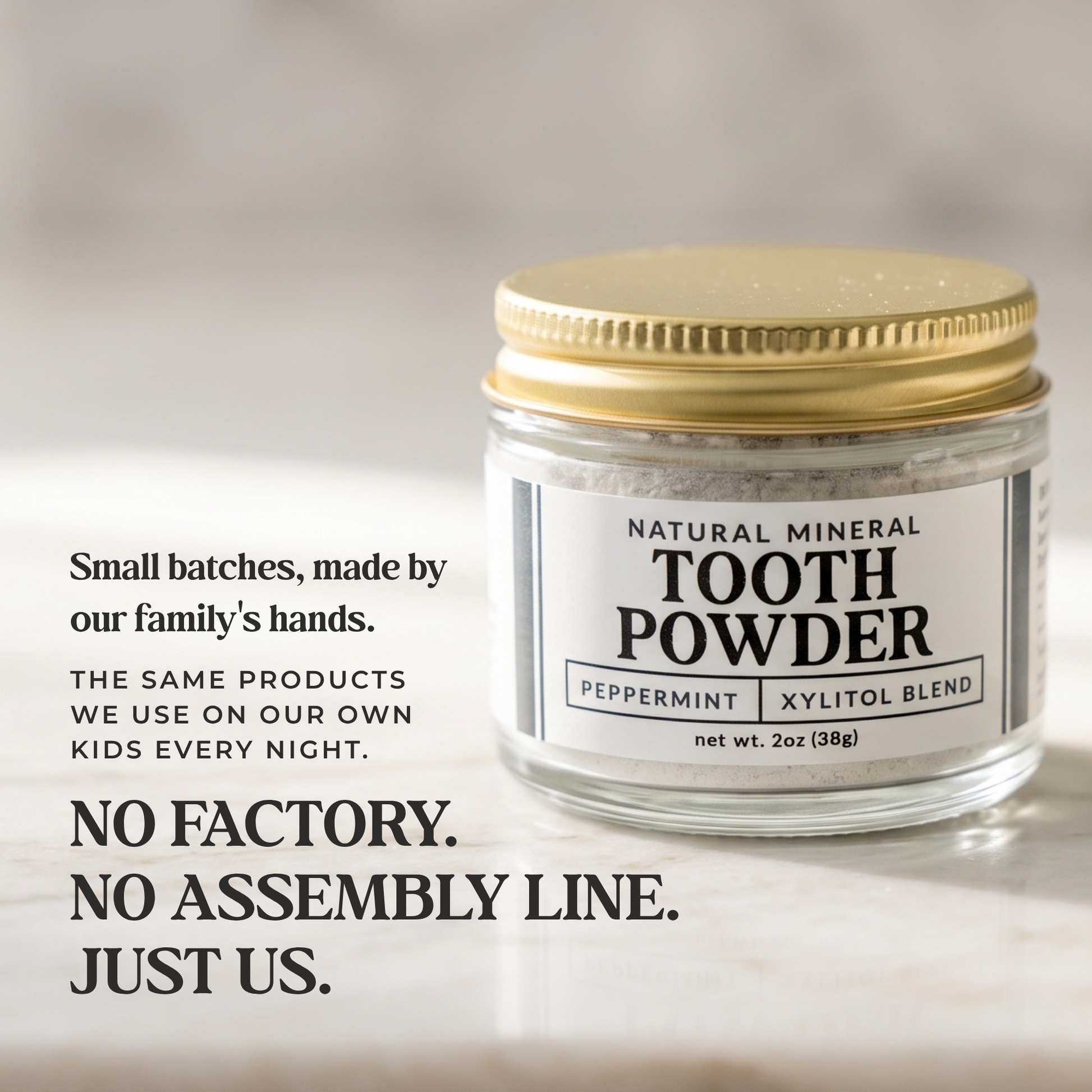 Remineralizing tooth powder with hydroxyapatite and xylitol, featuring a natural, eco-friendly packaging.