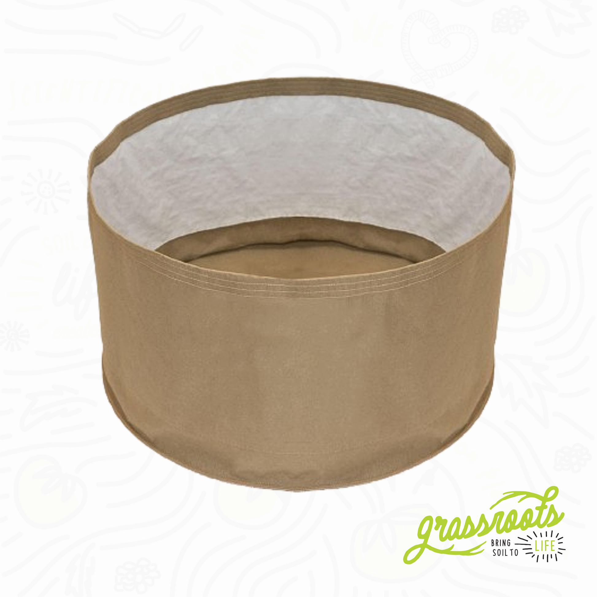 Living Soil Fabric Pot by Grassroots Fabric Pots, durable fabric planter for healthy plant growth and easy drainage.