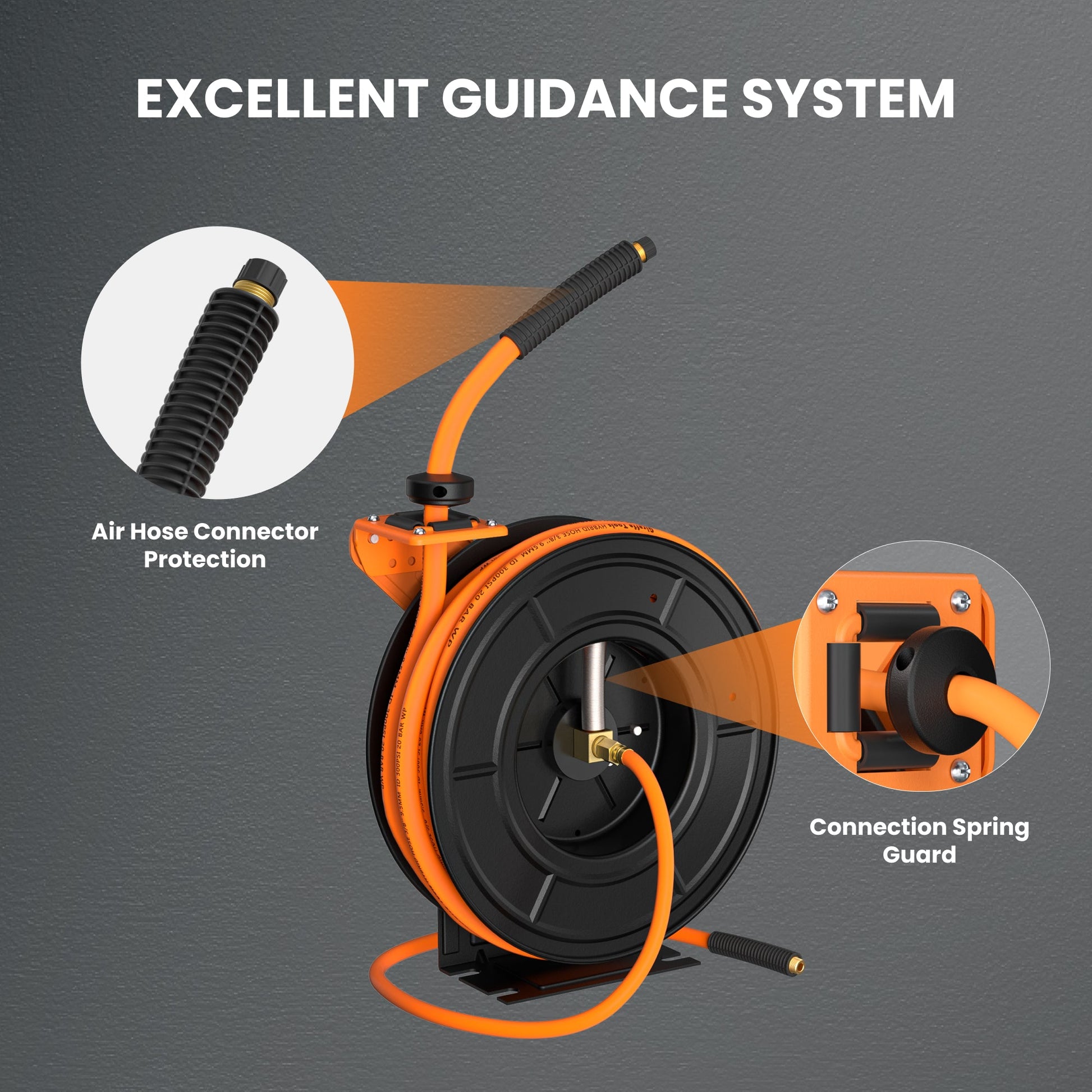 Giraffe Tools US retractable air hose reel with alloy steel construction, 3/8 inch diameter, available in 25 or 50 feet length