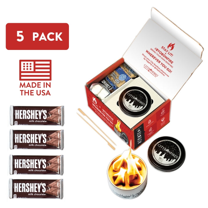 Set of five City Bonfires S'mores Night Pack outdoor fire pit bars with graham crackers, marshmallows, and chocolate for s'mores.